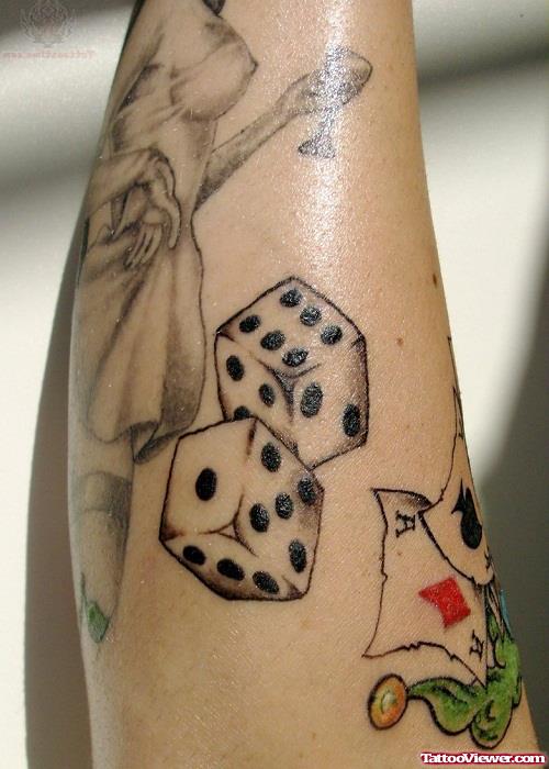 Attractive Grey Ink Dice Gambling Tattoo On Arm
