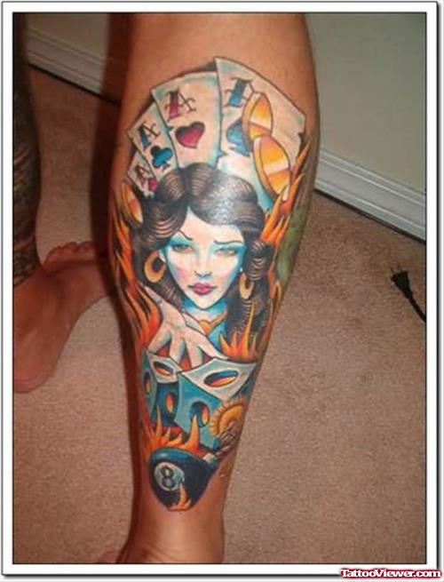 Gambling Cards And Girl Face Tattoo On Leg