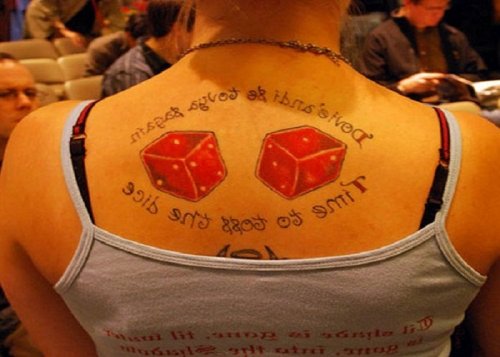 Red Ink Dice Tattoos On Upperback