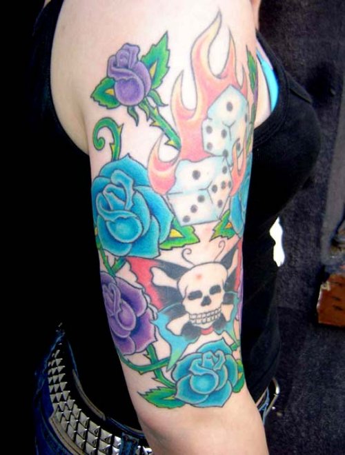 Flaming Dice And Rose Flowers Gambling Tattoo On Right Arm