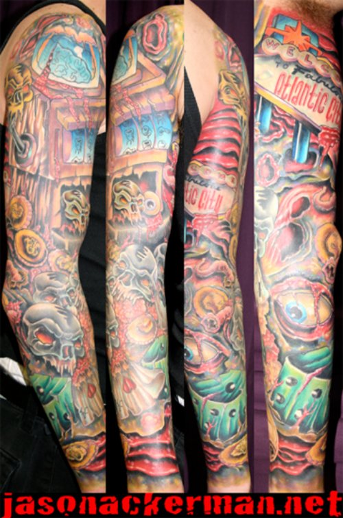 Awesome Colored Gambling Tattoo On Full Arm