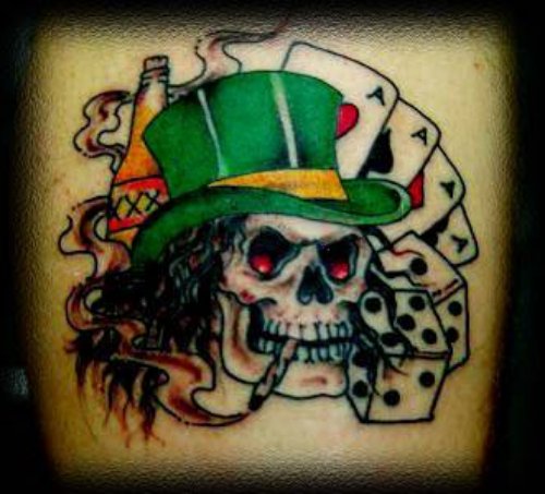 Skull With Green Hat and Dice With Cards Tattoo