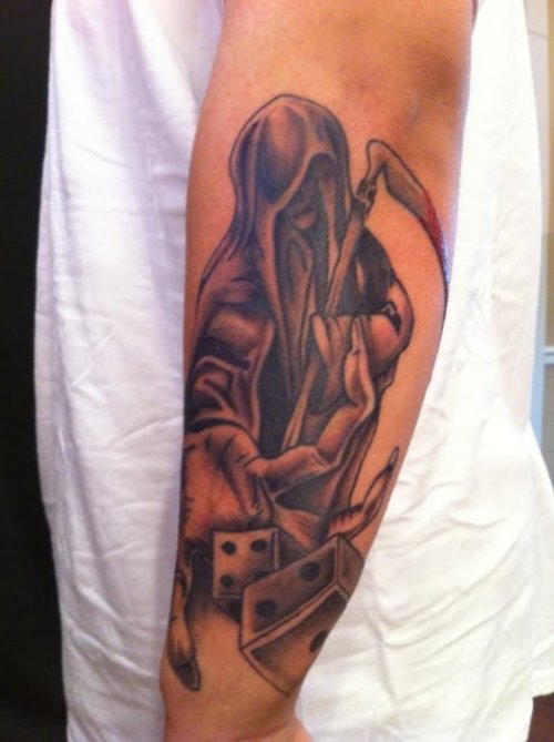 Grey Ink Grim Reaper Gambling Tattoo On Left Arm