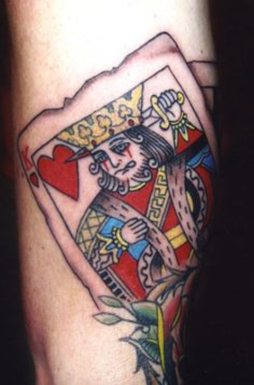 Colored Gambling Cards Tattoo On Bicep