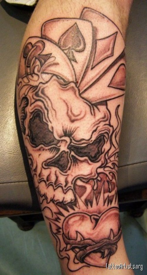 Grey Ink Skull and Cards Gambling Tattoo On Right Arm