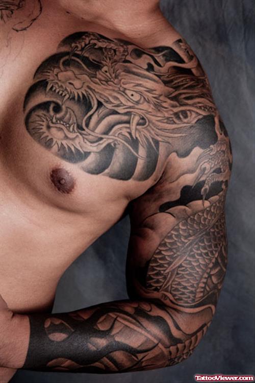 Japanese Grey Ink Gangsta Tattoo On Chest and Sleeve