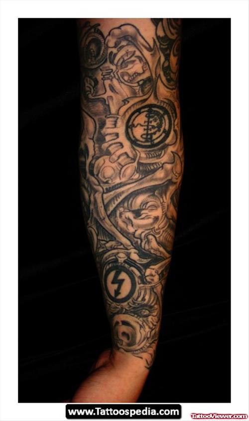 Grey Ink Gangsta Tattoo On Right Sleeve
