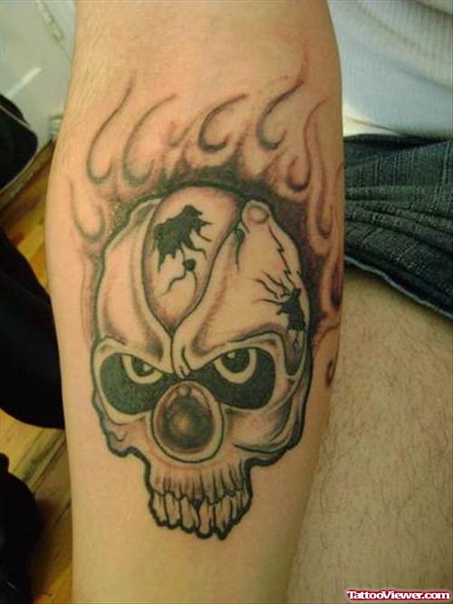 Grey Ink Flaming Gangster Tattoo On Arm