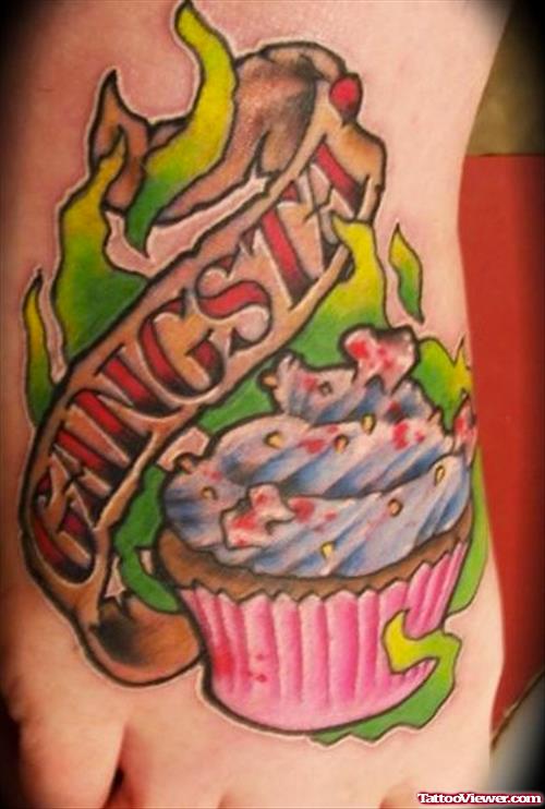Color Ink Cupacke With Gangsta Banner Tattoo