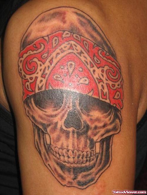 Awesome Grey Ink Skull Gangsta Tattoo On Left Shoulder