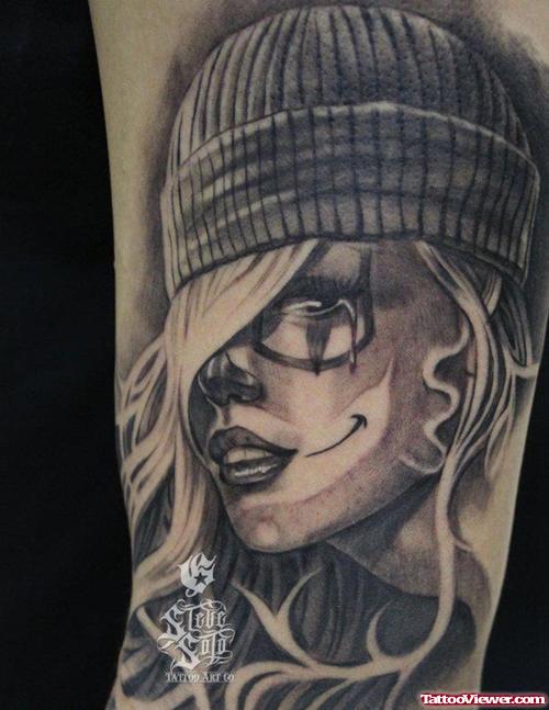 Amazing Grey Ink Clown Head Gangsta Tattoo