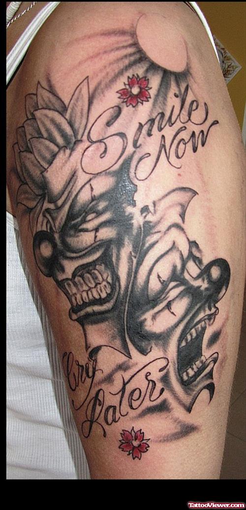 Smile Know Cry Later Gangsta Tattoo On Left Sleeve