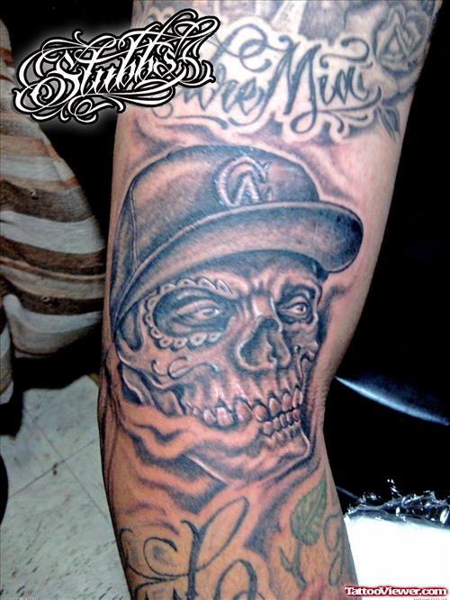 Grey Ink Smoking Skull Gangsta Tattoo On Sleeve