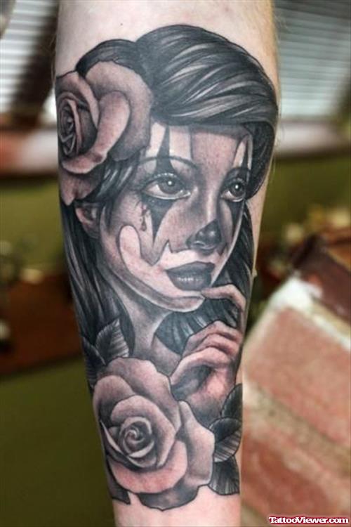 Grey Ink Rose Flower And Gangster Girl Head Tattoo