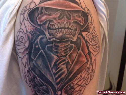 Grey Ink Gangster Tattoo On Left Sleeve