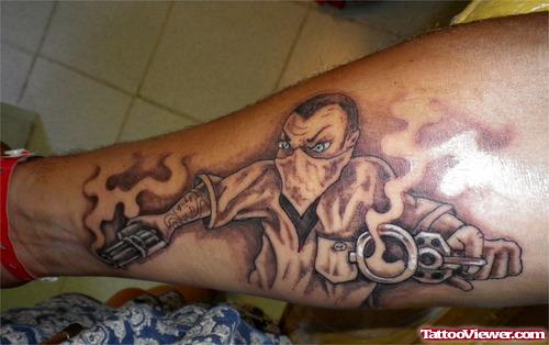 Grey Ink Gangsta Tattoo On Right Arm