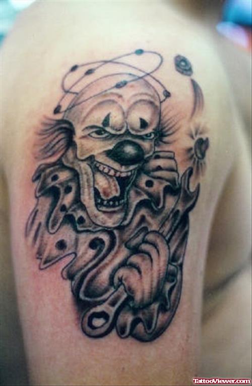 Grey Ink Clown Gangsta Tattoo On Right Half Sleeve