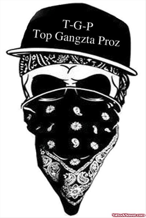 Gangsta Skull With Hat And Bandana Tattoo Design