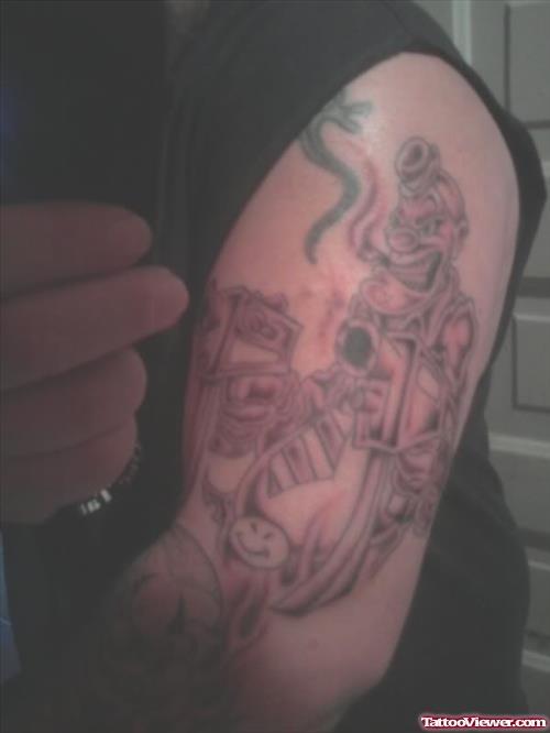 Cool Grey Ink Gangsta Tattoo On Left Half Sleeve