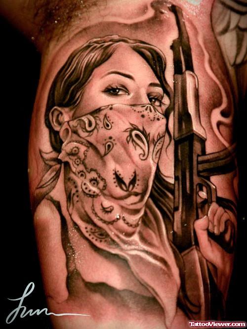 Amazing Grey Ink Gangsta Girl Tattoo On Arm