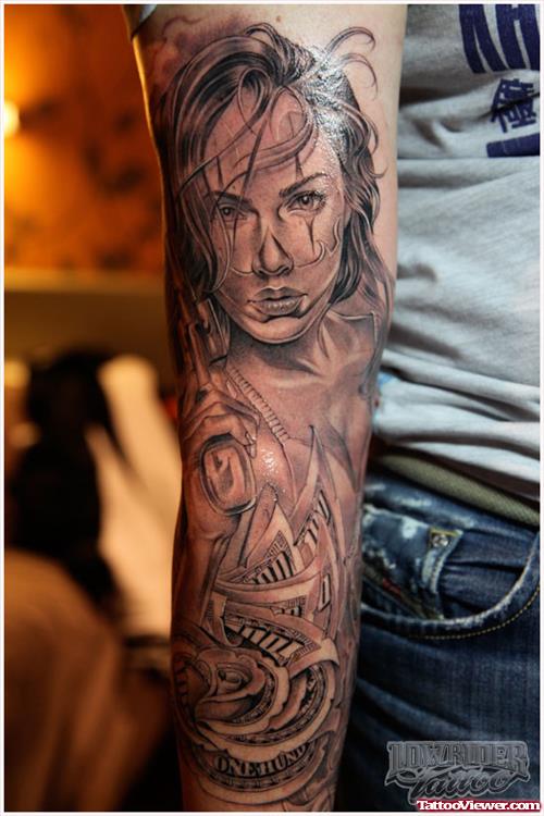 Nice Grey Ink Gangsta Tattoo On Left Sleeve