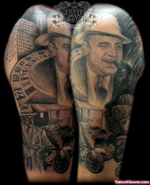 Grey Ink Half Sleeve Gangsta Tattoo