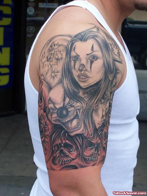 Grey Ink Girl Tattoo On Man Right Half Sleeve