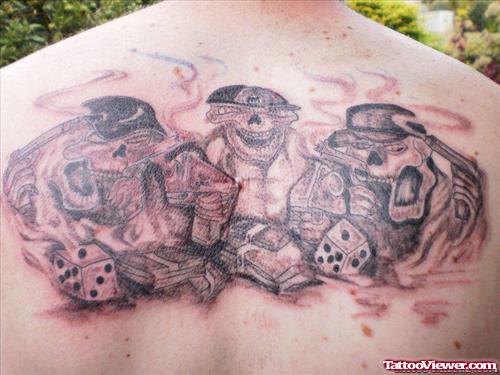 Grey Ink Gangsta Tattoo On Man Upperback
