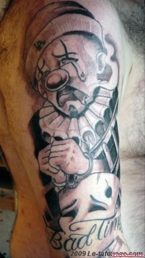 Grey Ink Gangsta Tattoo On Man Right Sleeve
