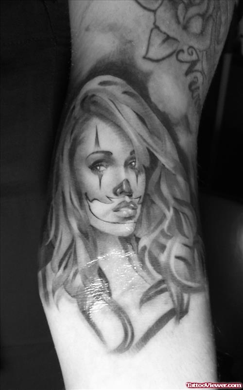 Grey Ink Clown Gangsta Girl Head Tattoo On Arm