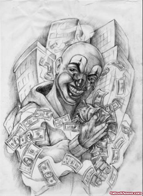 Grey Ink Clown And Money Tattoo Design