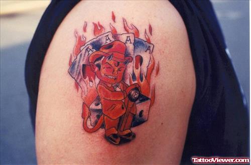 Devil Gangsta In Fire Tattoo On Shoulder