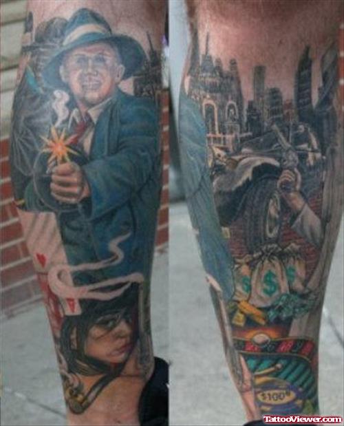 Awesome Colored Gangsta Tattoo On Leg