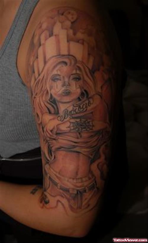 Grey Ink Gangsta Tattoo On Left Half  Sleeve