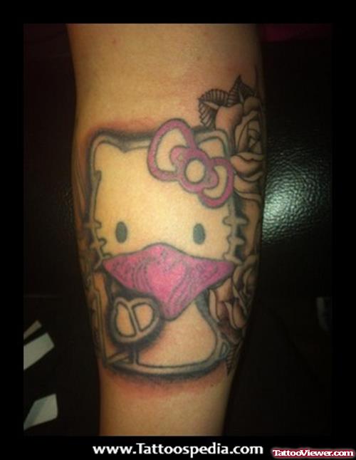 Color Ink Kitty Head Gangsta Tattoo On Sleeve