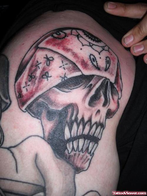 Attractive Grey Ink Skull Gangsta Tattoo On Right Half Sleeve