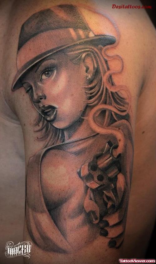 Stylish Grey Ink Gangsta Tattoo On Left Half Sleeve