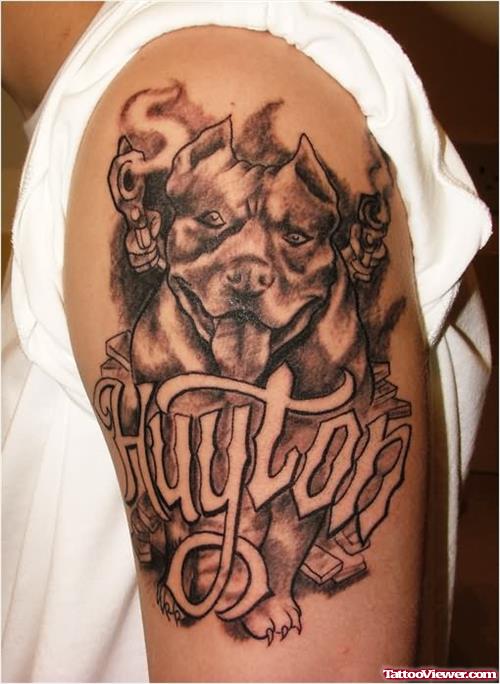 Grey Ink Left Half Sleeve Gangsta Tattoo