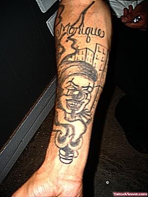 Grey Ink Gangsta Tattoo On Right Forearm