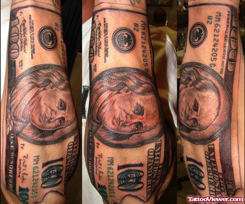Grey Ink Dollar Bill Gangsta Tattoo On Sleeve