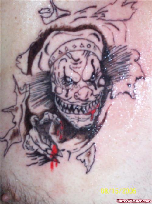 Grey Ink clown Head Gangsta Tattoo on Man Chest