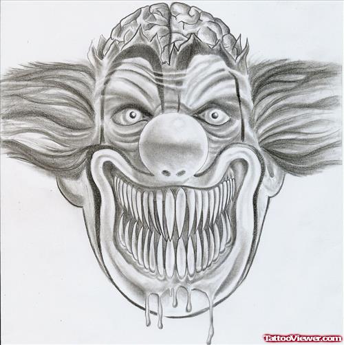 Grey Ink Clown Head Gangster Tattoo Design
