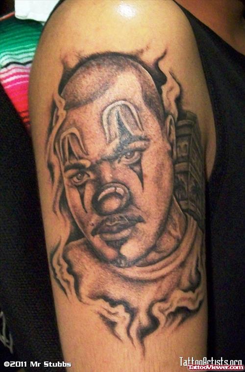 Grey Ink Clown Gangster Tattoo On Half Sleeve