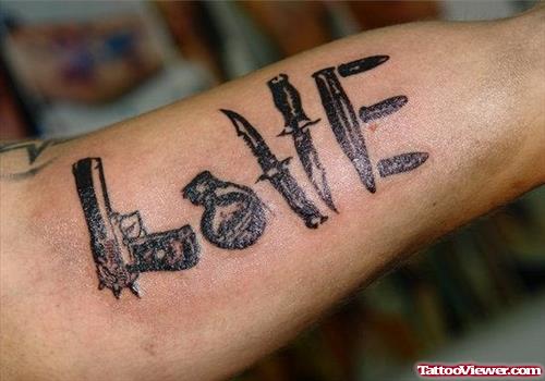 Black Ink Love Gangsta Tattoo On Right Arm