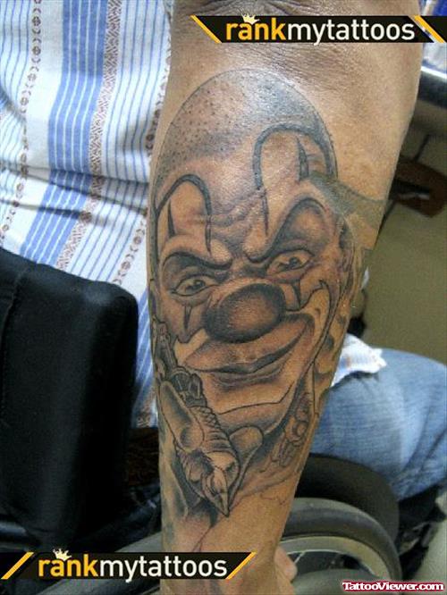 amazing Grey Ink Clown Head Gangster Tattoo On Arm
