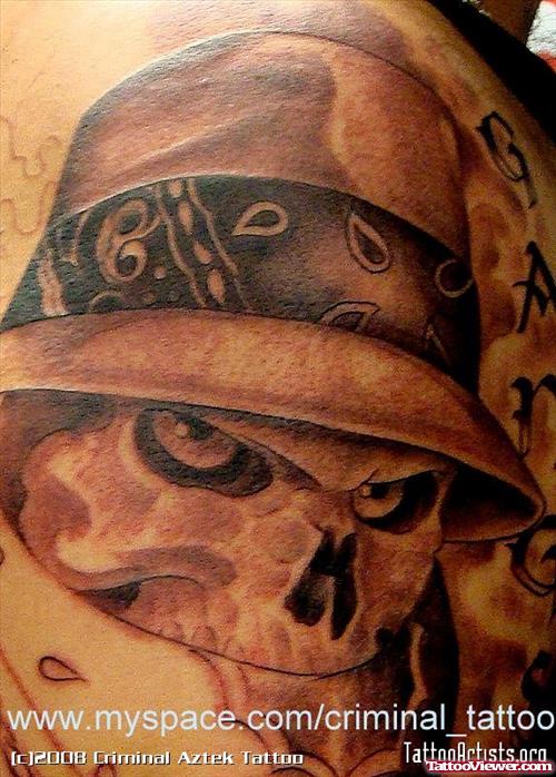 Awesome Grey Ink Skull With Hat Gangsta Tattoo
