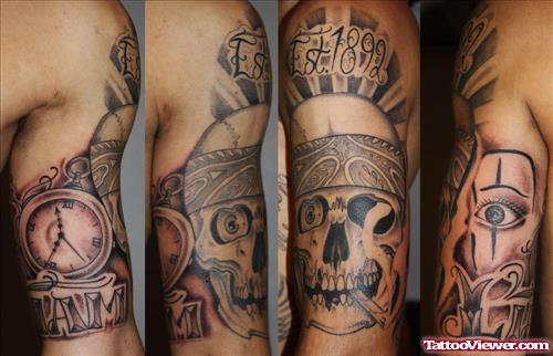 Grey Ink Smoking Skull Gangsta Tattoo On Half Sleeve