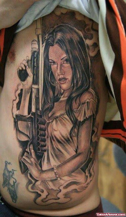 Grey Ink Gangster Girl Tattoo On Side Rib