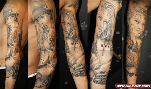 Grey Ink Gangsta Girl With Mic Tattoo On Sleeve