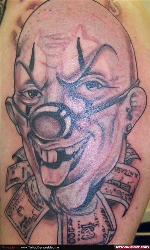 Grey Ink Clown Head Gangster Tattoo On Shoulder